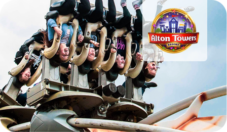 group of people on roller coaster with alton towers logo