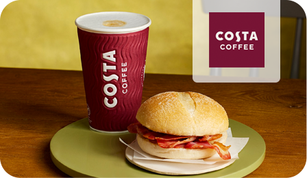costa coffee cup and breakfast sandwich with logo